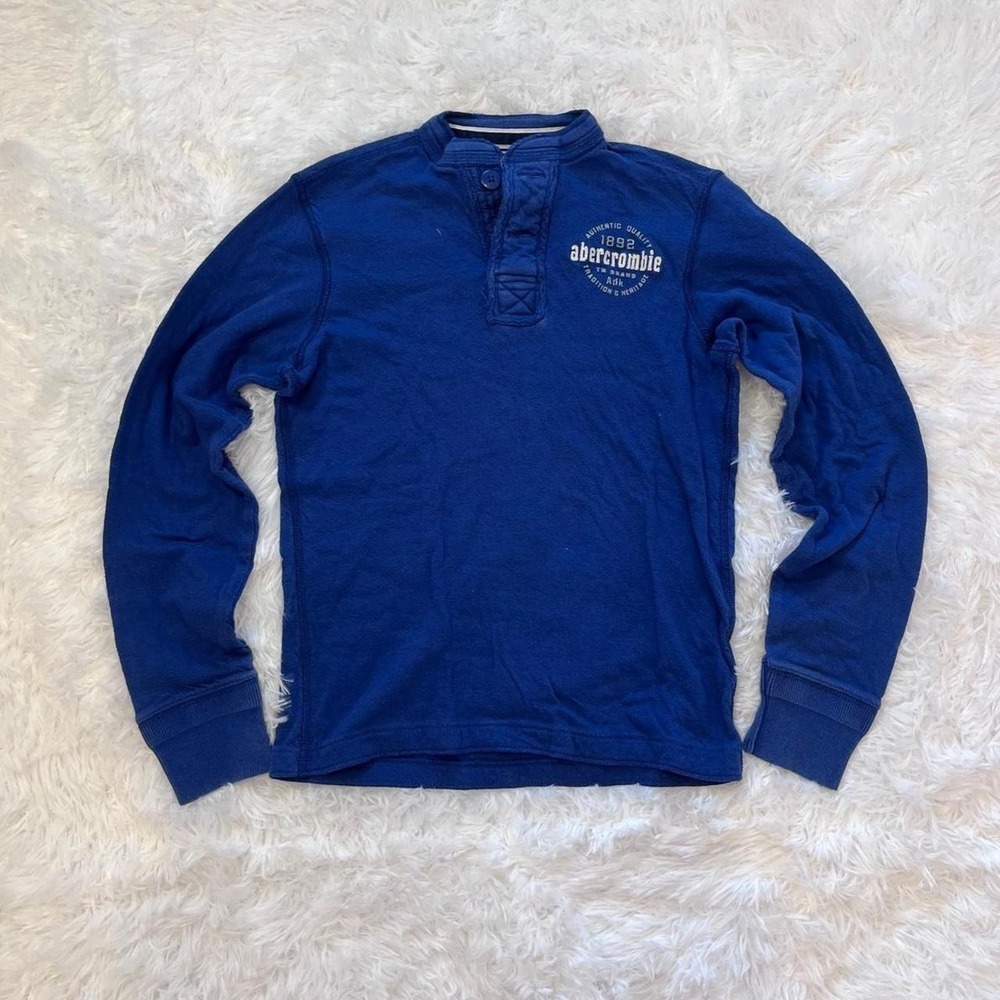 Y2K Abercrombie & Fitch Navy Blue Quarter Button Up Graphic Crewneck Small